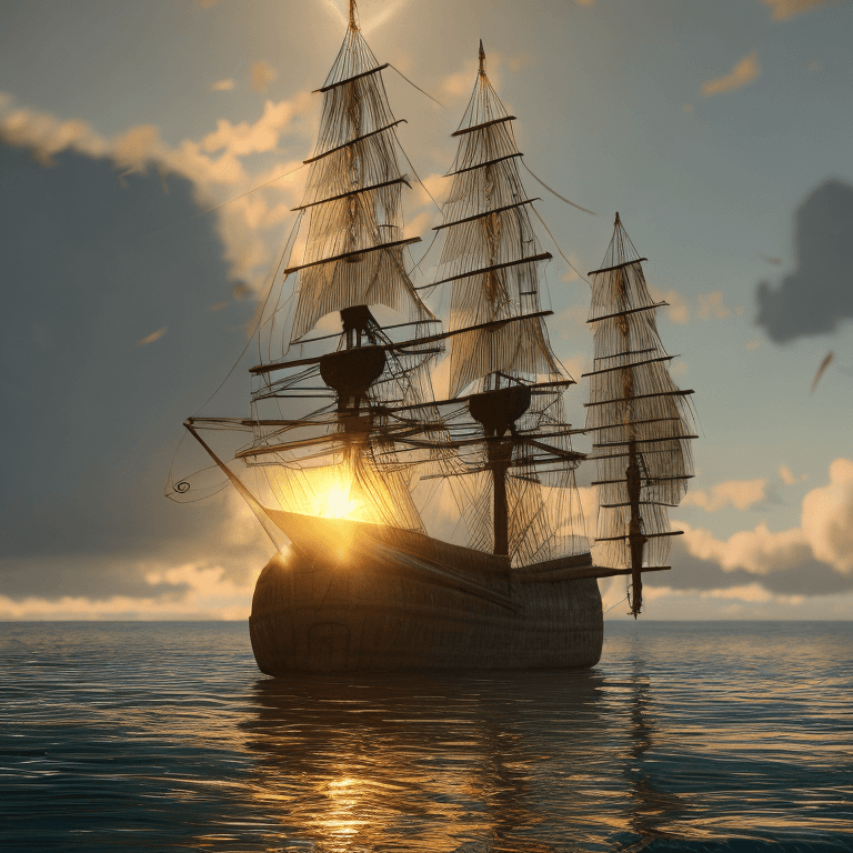 AI generated: Photo of a ultra realistic sailing ship, dramatic light, pale sunrise, cinematic lighting, battered,...