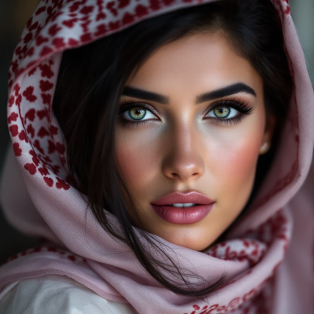 AI generated: A close-up color portrait of a very pretty woman from Saudi Arabia, dark hair, the woman's face very...