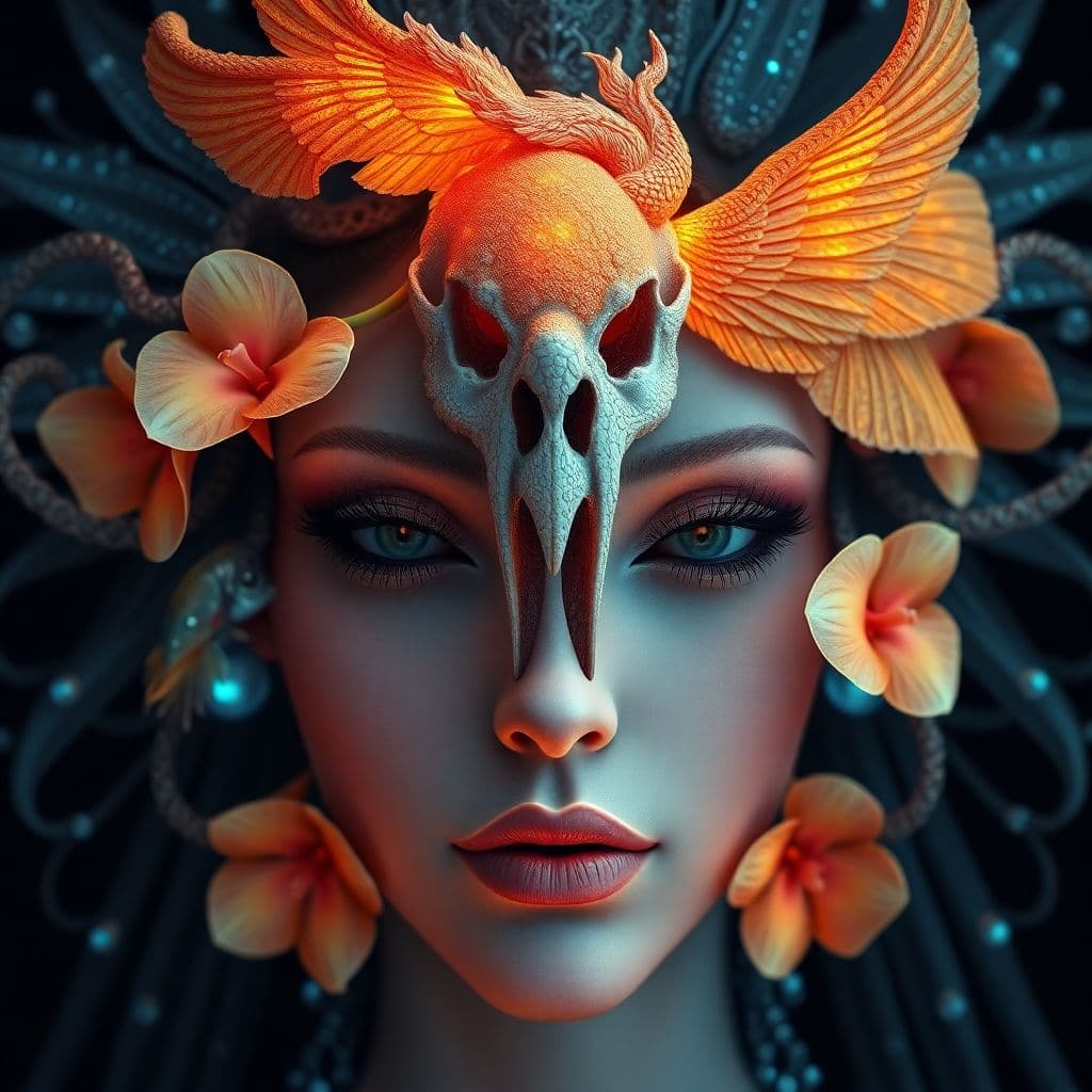 AI generated: Goddess close-up portrait ribcagel. jellyfish phoenix head, nautilus, orchid, skull, betta fish, bio...