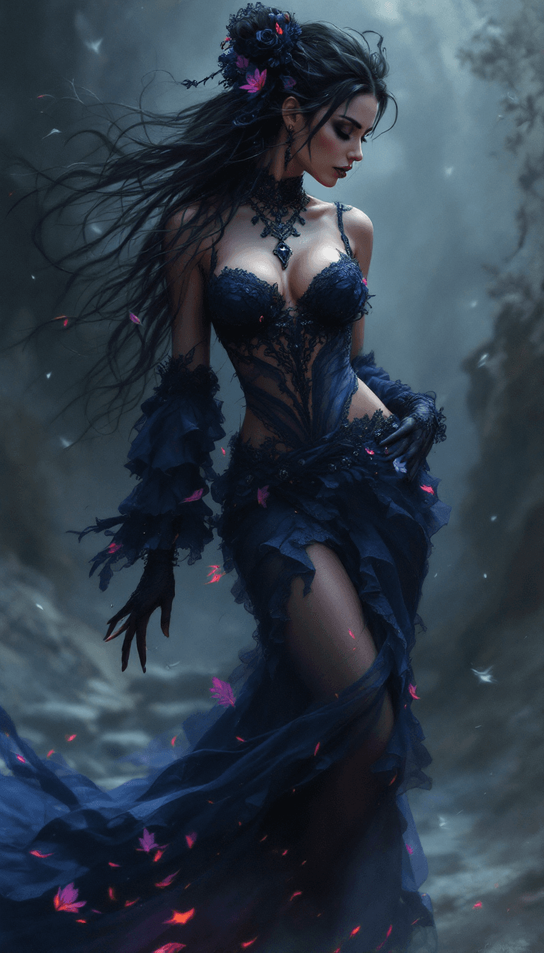 AI generated: Dark Fantasy Art, half l Body of a gypsy spanish woman in flamenco clothes, Blender stylized charism...