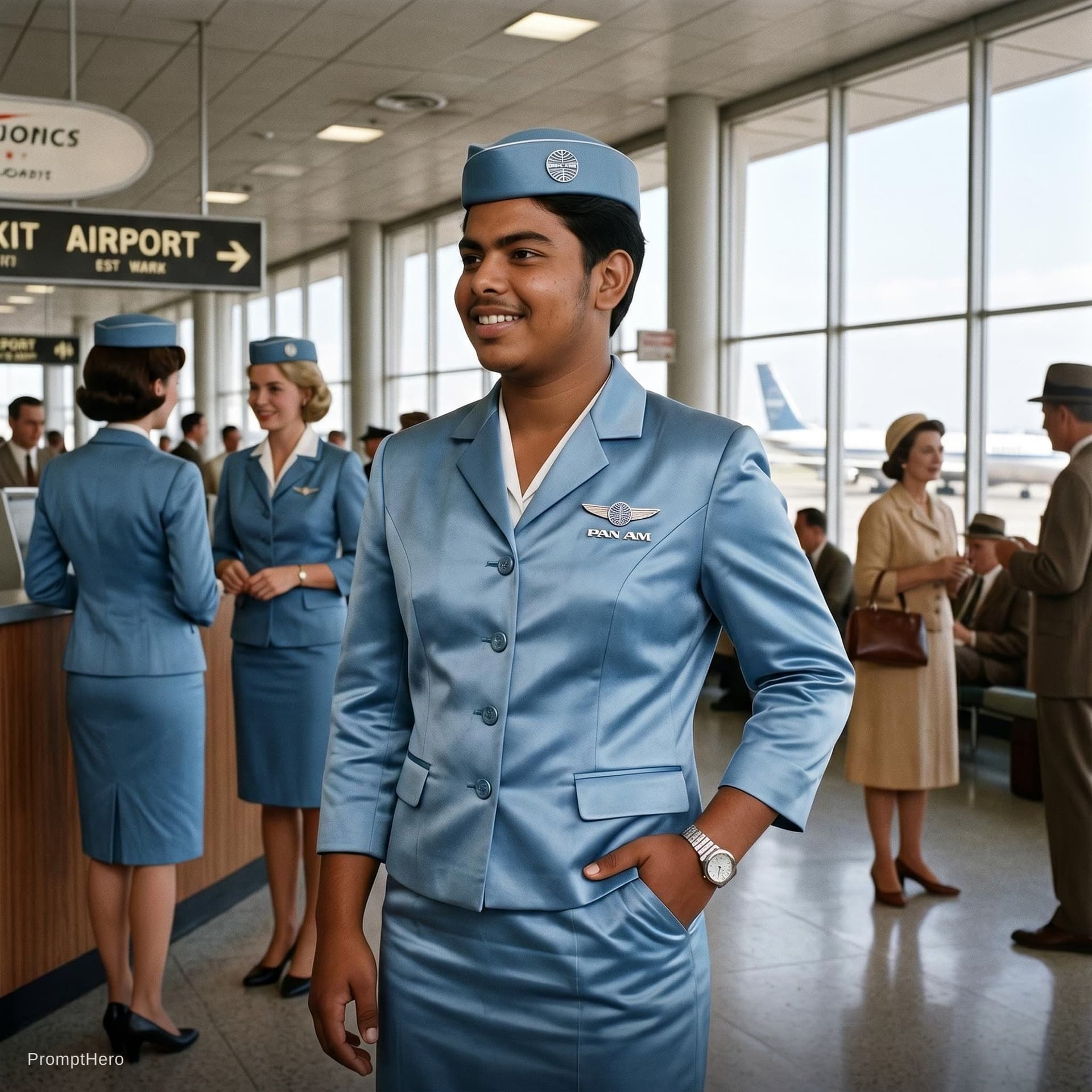 AI generated: (photo of a hot stewardess posing for playboy magazine), (breathtaking:1.58), ((wearing light blue s...