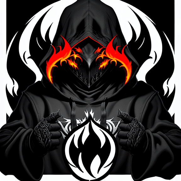 AI generated: The image features a stylized logo of a hooded shadow killer character, dark flames, with a white bo...