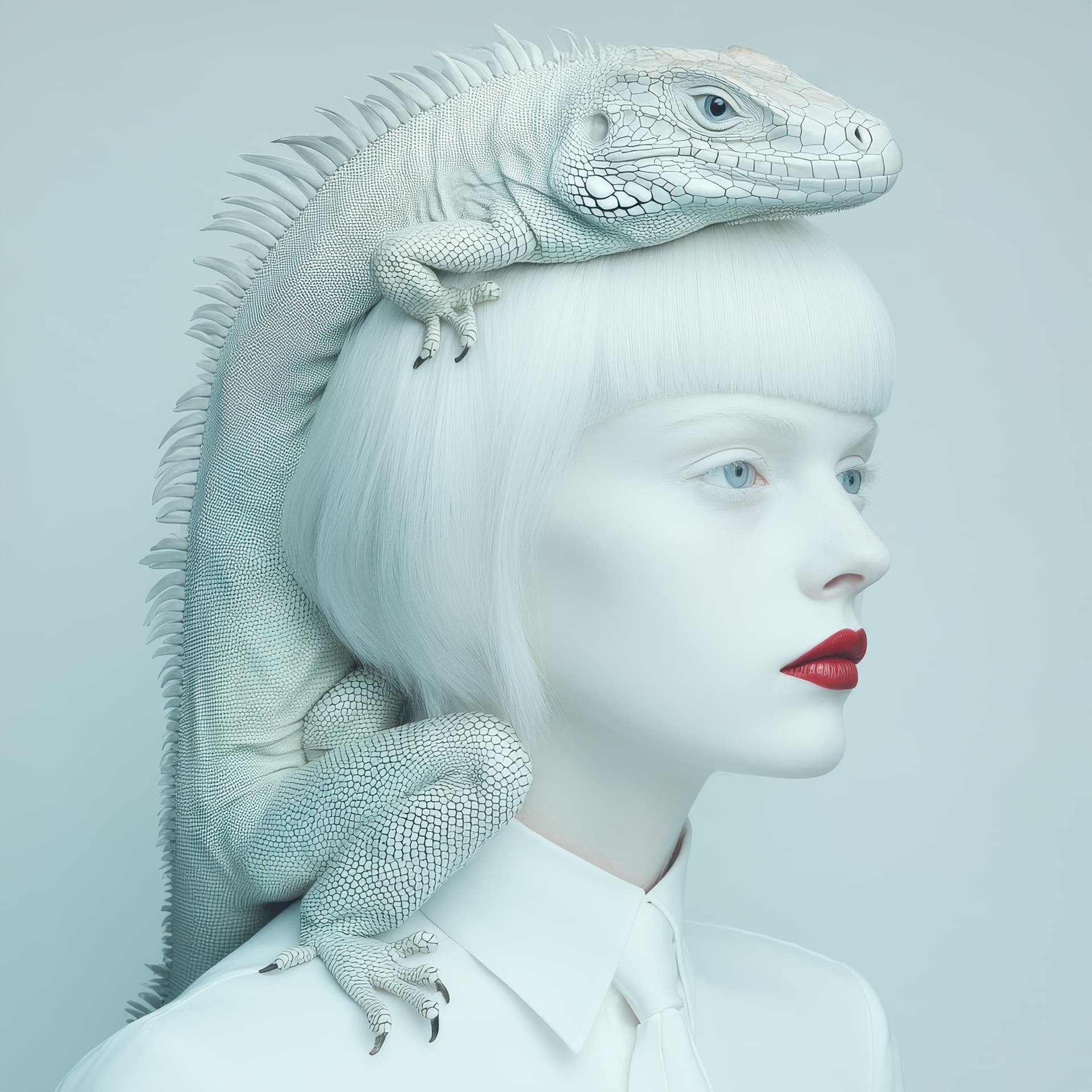 AI generated: Woman portrait, skin painted in white, eyebrows and eyelashes all white, pale blue eyes, wearing a w...
