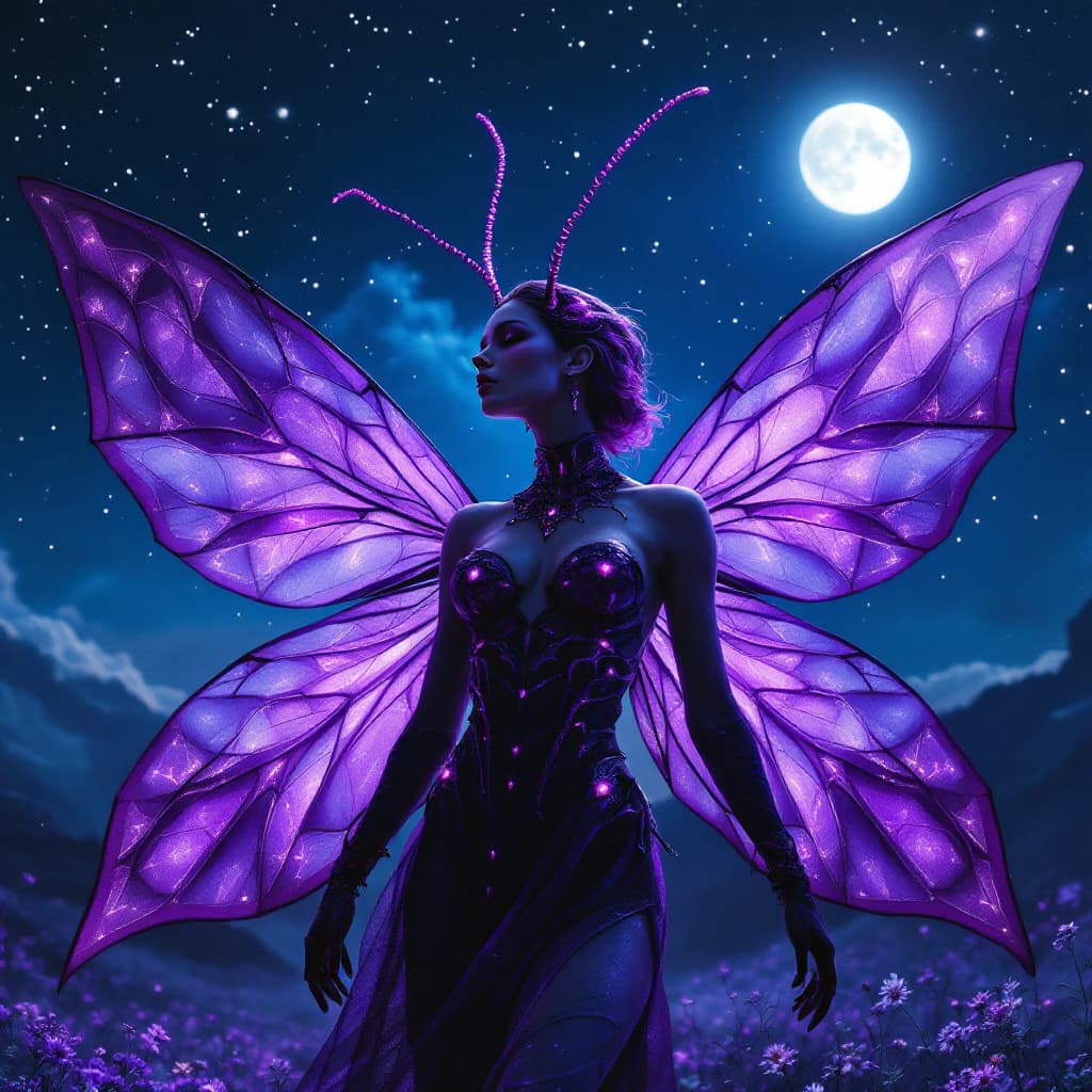 AI generated: Purple female bug lady, insect influences, standing majestically under a clear starry night sky, glo...