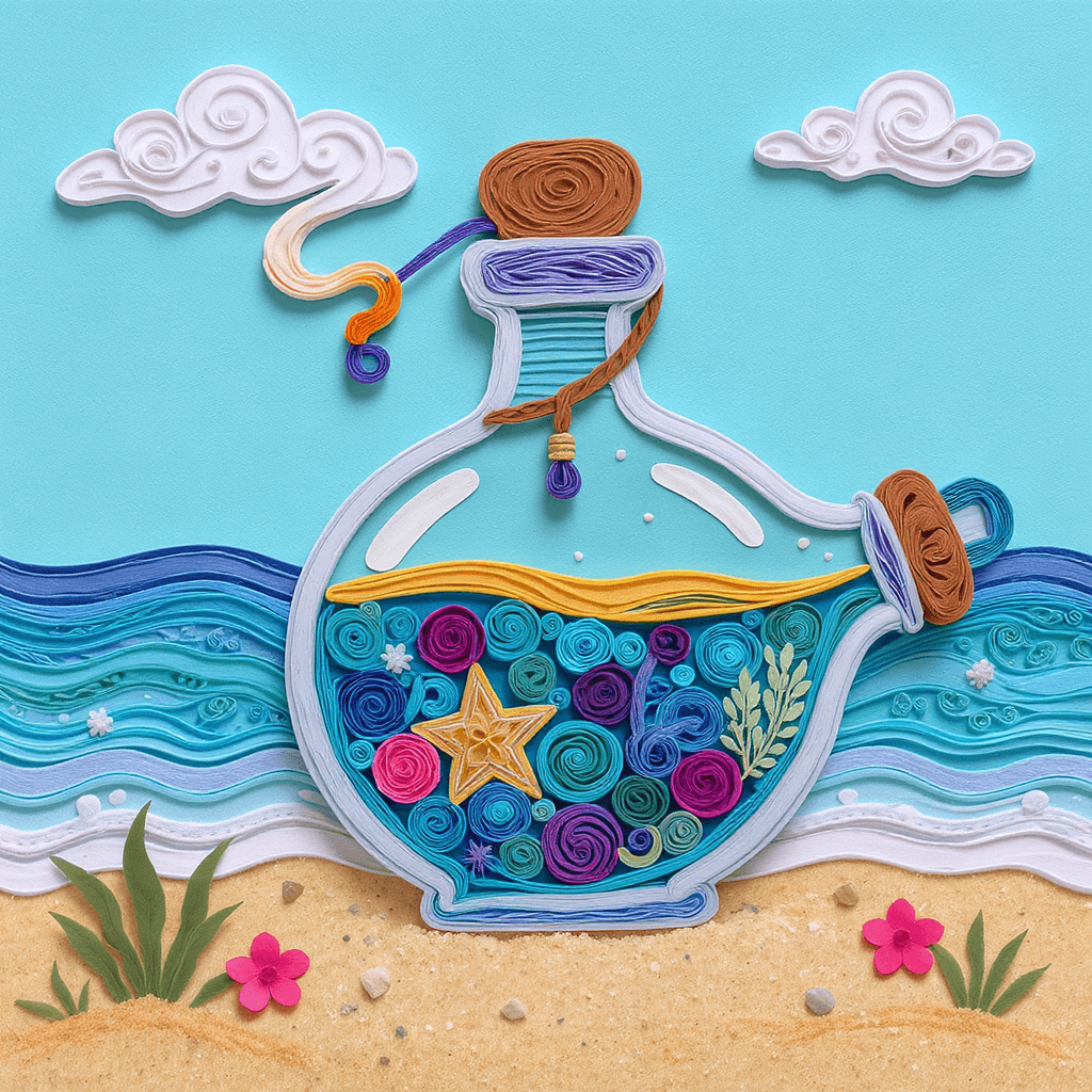 AI generated: Image of a genie in a bottle on a beach done in colorful paper quilling 
