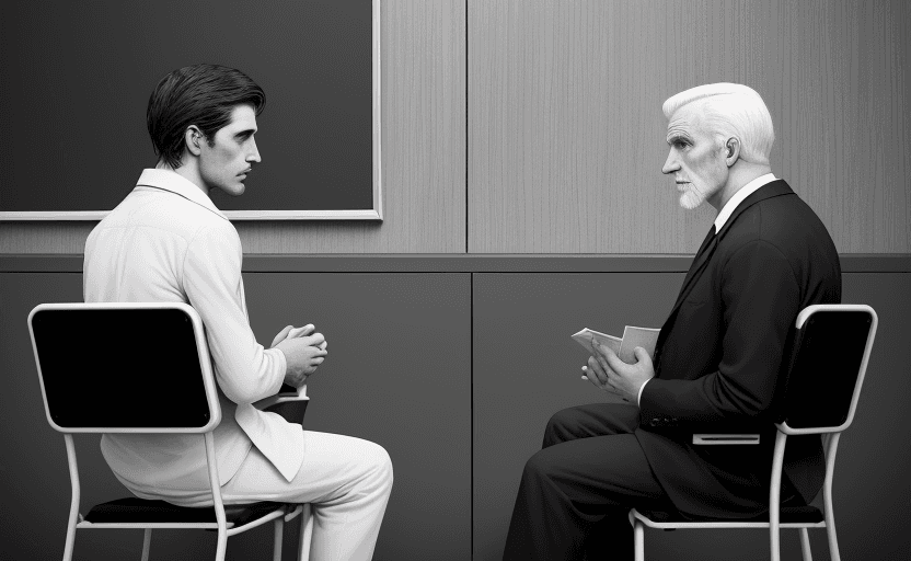 AI generated: a black and white storyboard style of two men talkin in a court waiting room