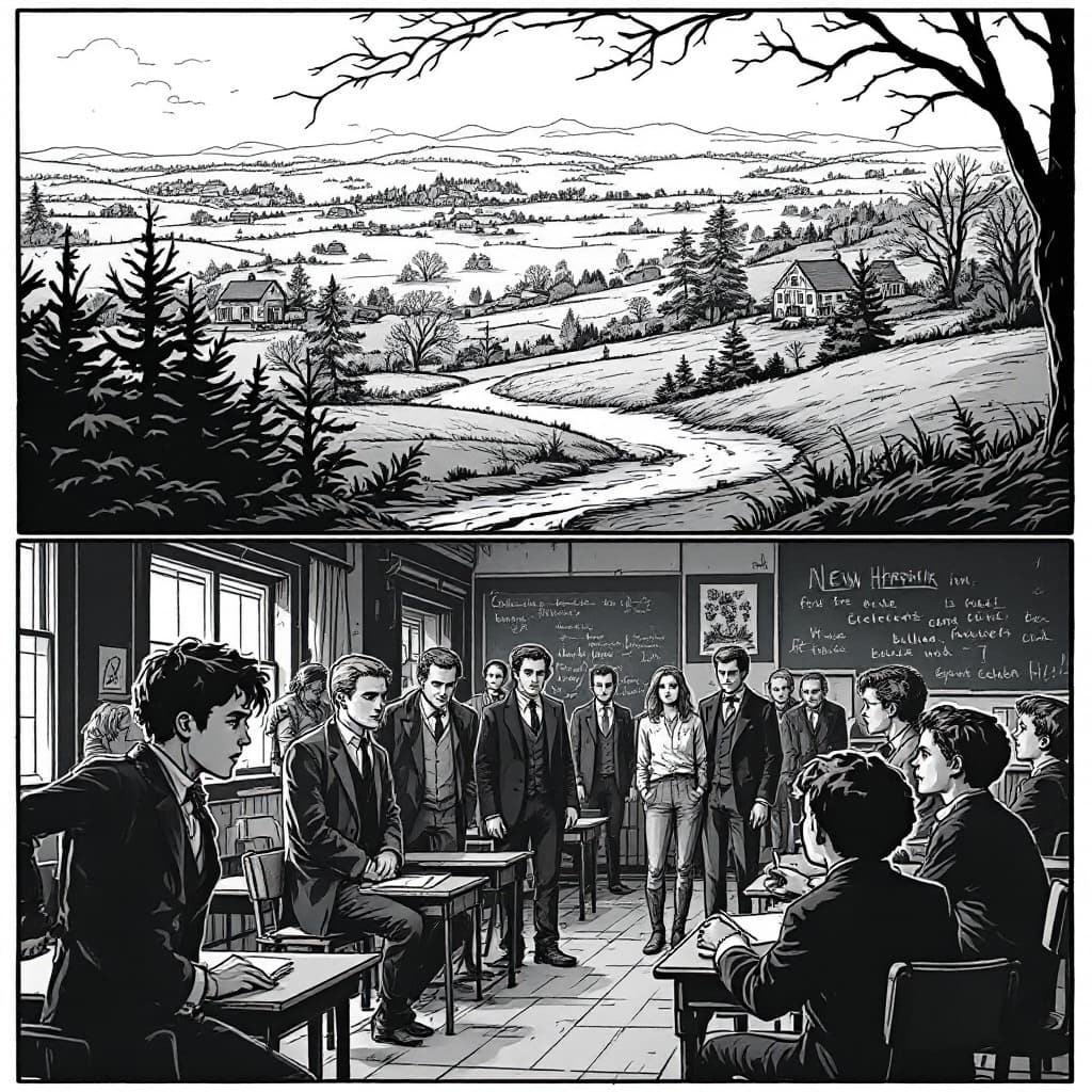 AI generated: An image in a Victorian Penny Dreadful comic of a Black-and-white images of rural New Hampshire, int...