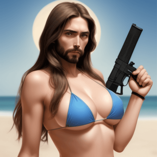 AI generated: Jesus in bikini with a gun, and with boobs. but the face is JESUS