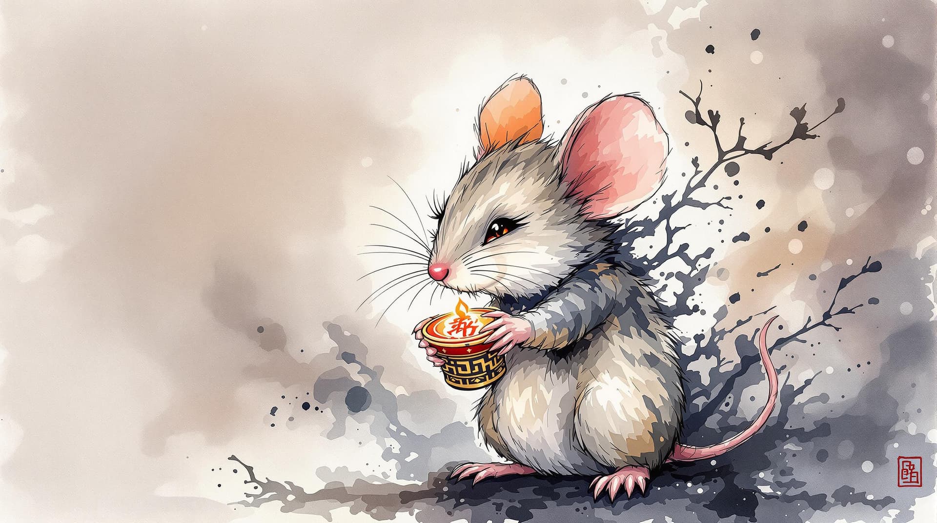 AI generated: cute Mouse with straight face grabing a protective talisman, detailed, ink style, Ink splash art on ...