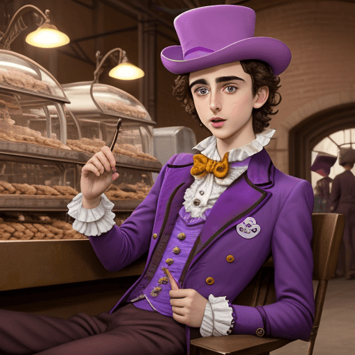 AI generated: Timothe Chalamet as willy wonka, disney character style, in a chocolat factory, 