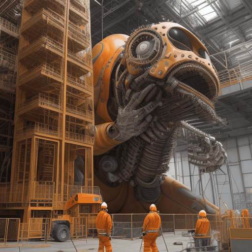 AI generated: A colossal mechanical structure enclosing a gigantic, hyper-realistic female human eye, with workers...