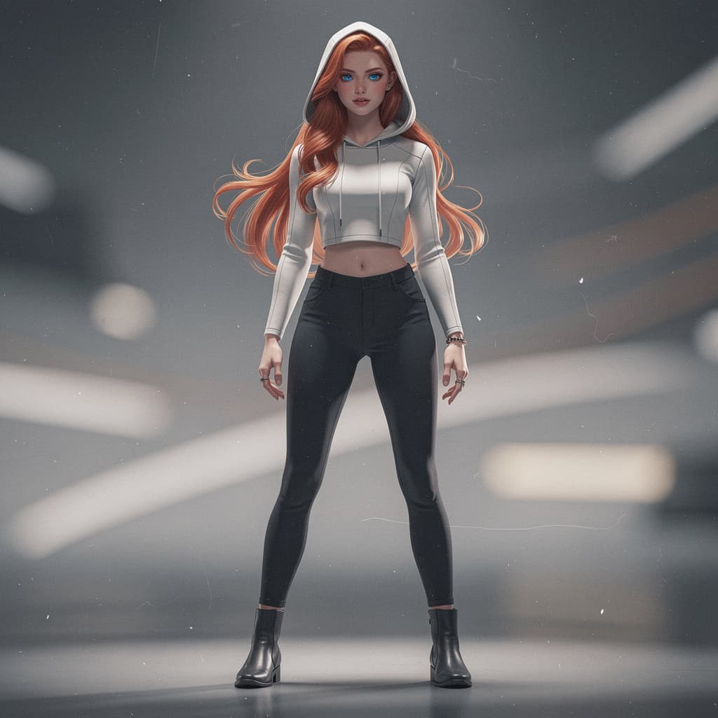 AI generated: Masterpiece, best quality, ultra detailed illustration, a girl with long red hair, with bright blue ...