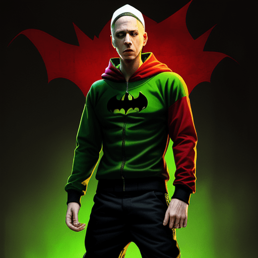 AI generated: EMINEM IN a red,yellow,green Batman suit 