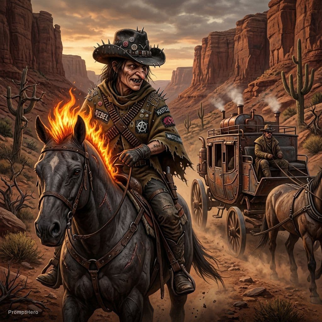 AI generated: A menacing woman outlaw with exaggerated crooked nose, grimy face, and rotten jagged teeth beneath a...