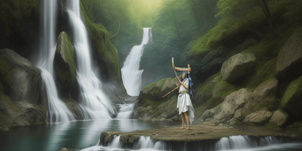 AI generated: Beautiful girl in white dress playing on shaman flute in the nature mountains, waterfall, photoreali...