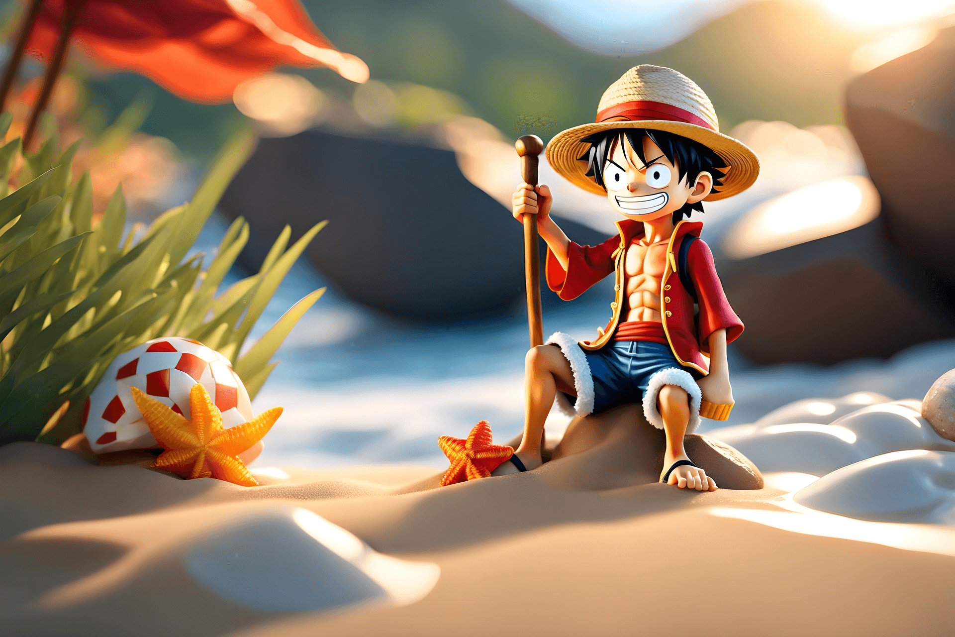 AI generated: Flat illustration, 3d, close up, Monkey D. Luffy, one piece anime, sea waves, a rock near, epoxy cla...