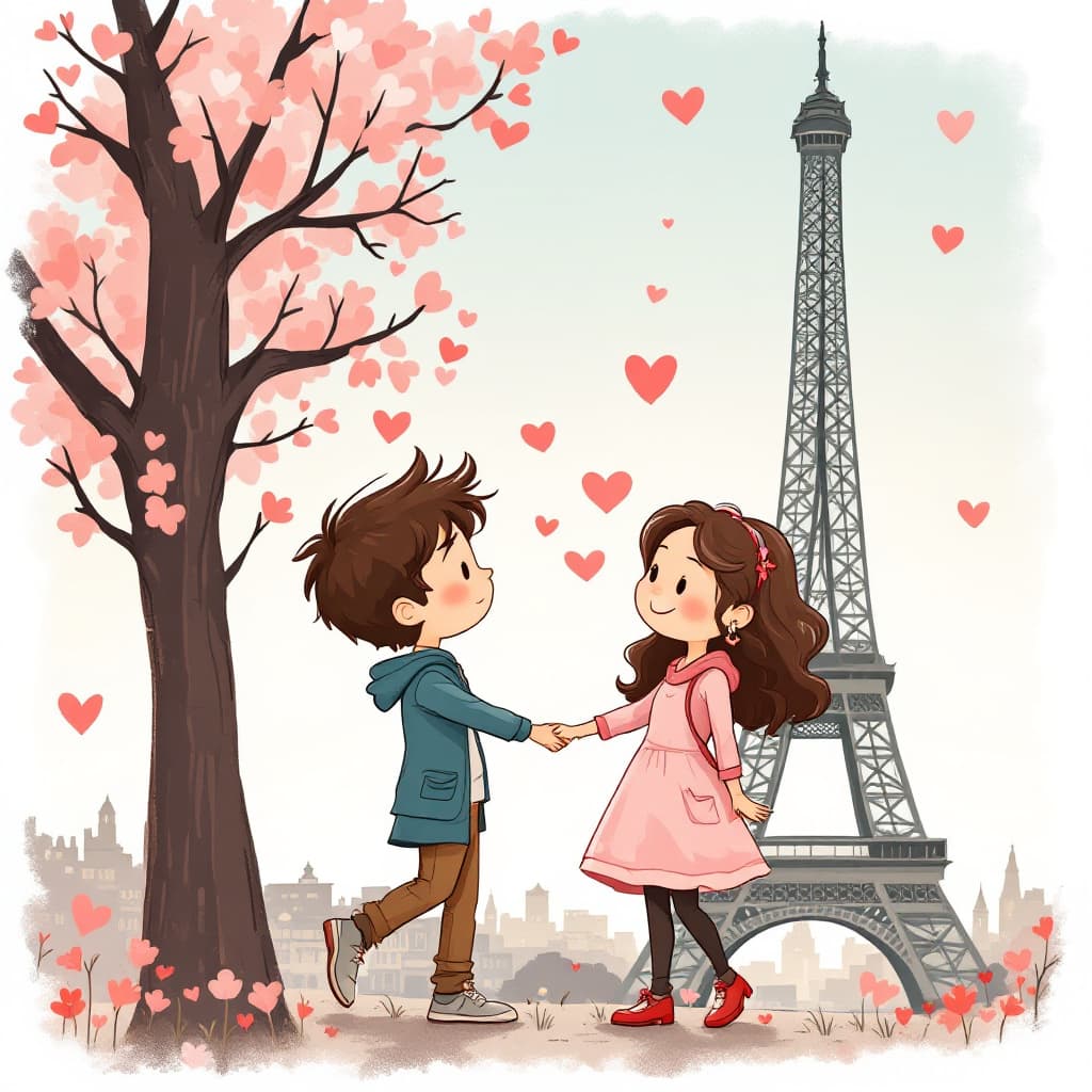 AI generated: cartoon depiction of love under the Eiffel tower

