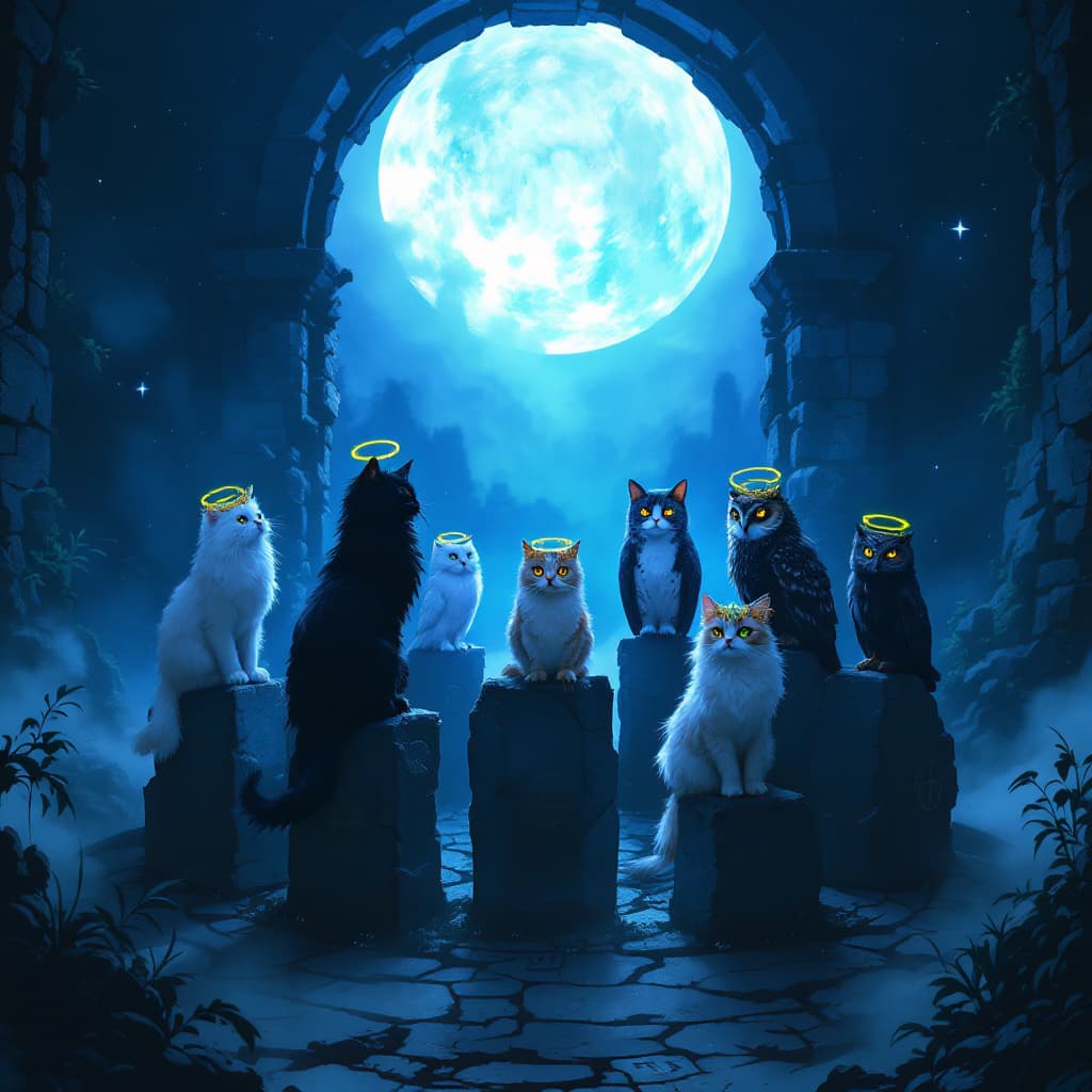 AI generated: Moonlit gothic ruins, deep indigo fog  
— circle of sentinel cats **and owls** on cracked rune-monol...