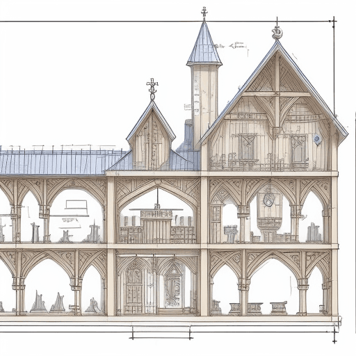 AI generated: detailed with notes, ink sketch of medieval preschool slick design clean lines blueprint perfect awe...