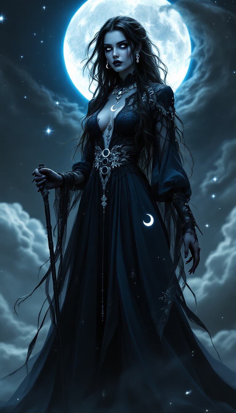 AI generated: An ultra-realistic, full-body portrait of a mesmerizing lunar witch woman, exuding an eerie grace wi...