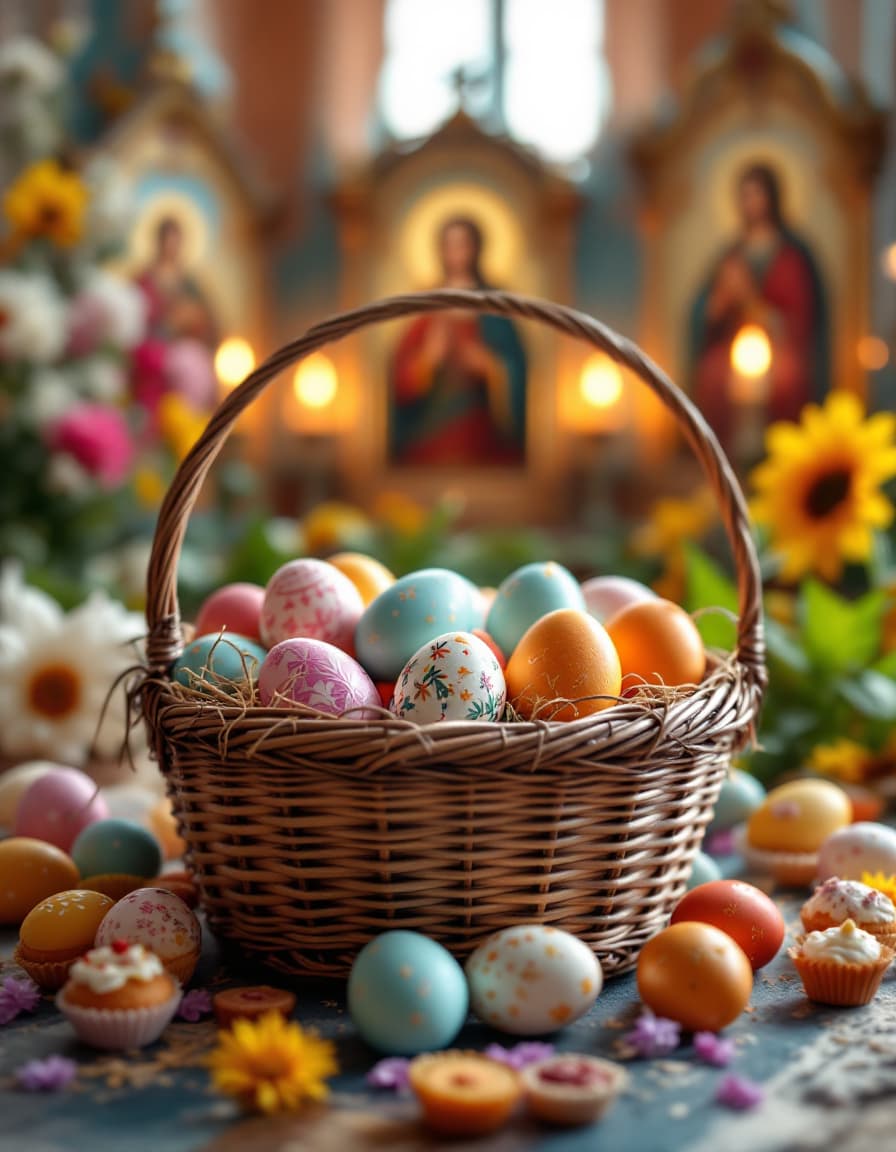 AI generated: A vibrant Easter scene set inside a beautifully decorated church, with a basket filled with intricat...