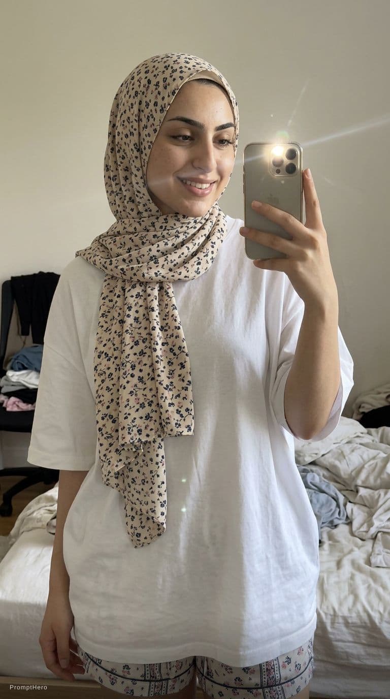 AI generated: A candid mirror selfie of a young Turkish woman, 20-22 years old, modest hijab style, beautiful smal...