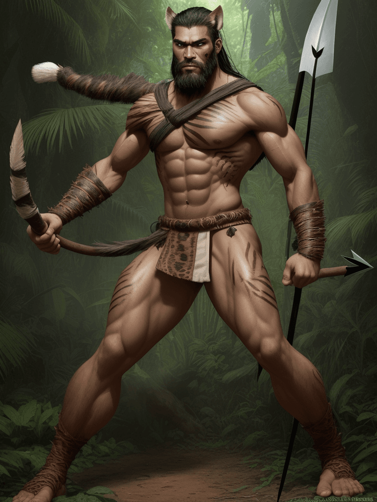 AI generated: A full-body jungle warrior, slender but muscular, with pronounced facial features and a determined a...