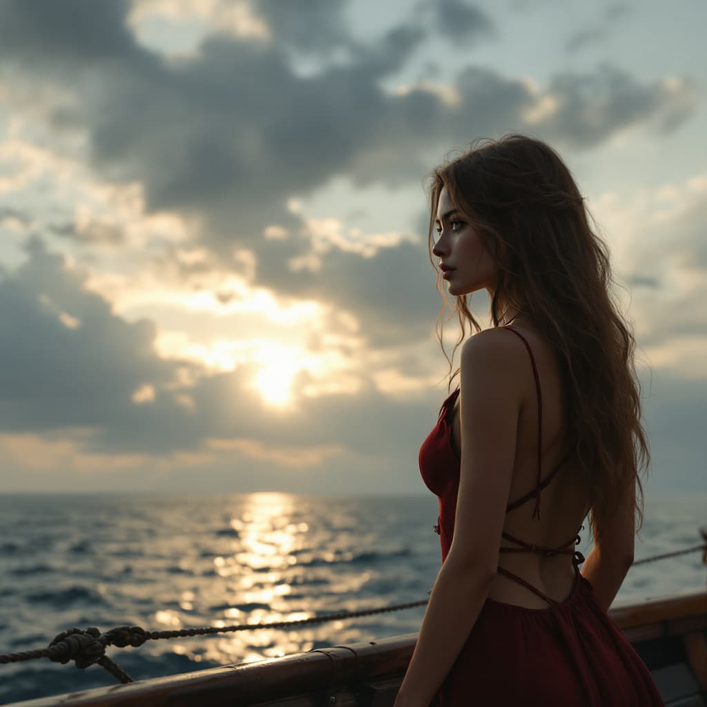 AI generated: Photo of a ultra realistic sailing ship, dramatic light, pale sunrise, cinematic lightiA brown long ...