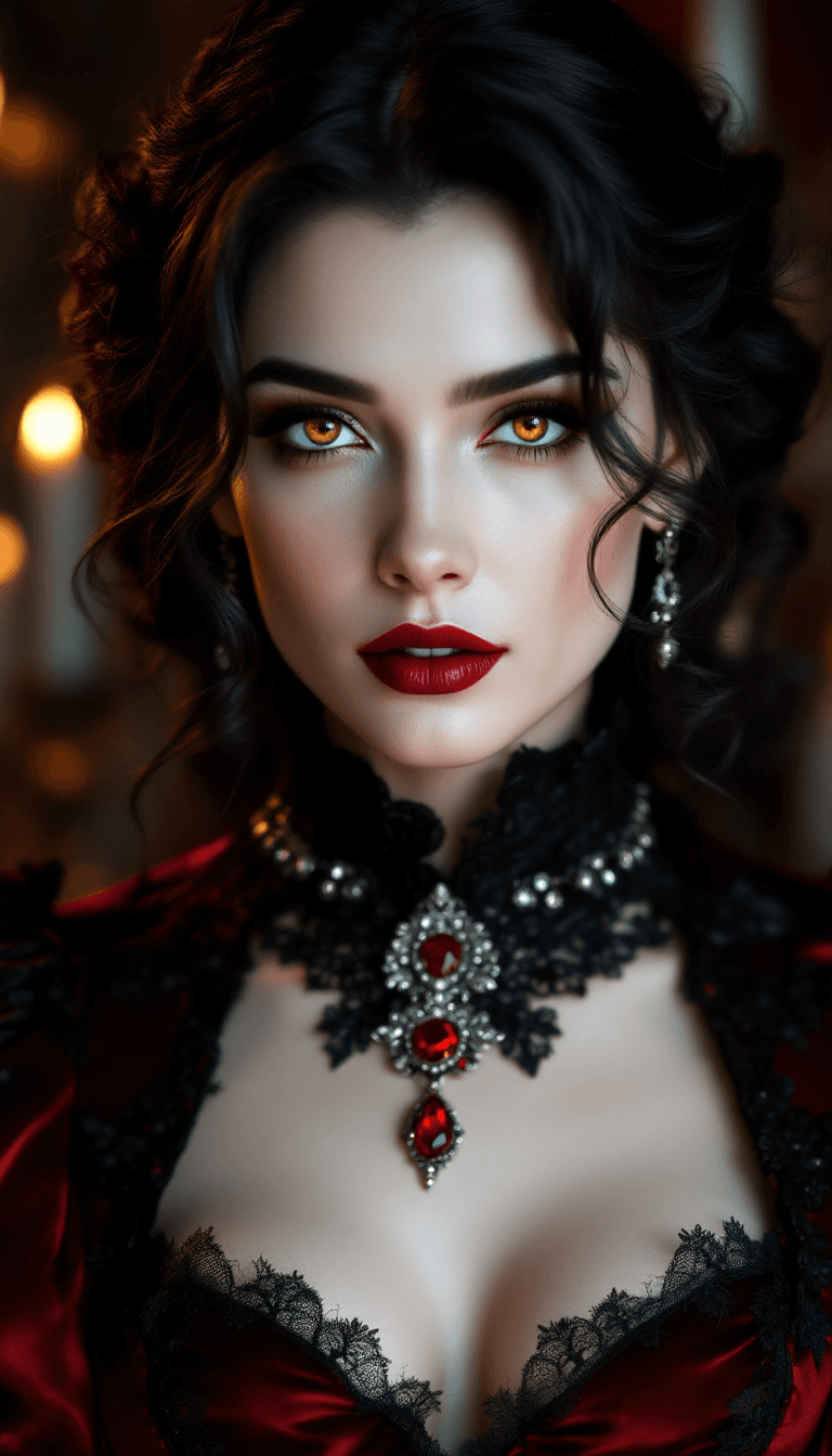 AI generated: A breathtakingly beautiful female Victorian vampire with **pale, porcelain skin**, piercing **crimso...