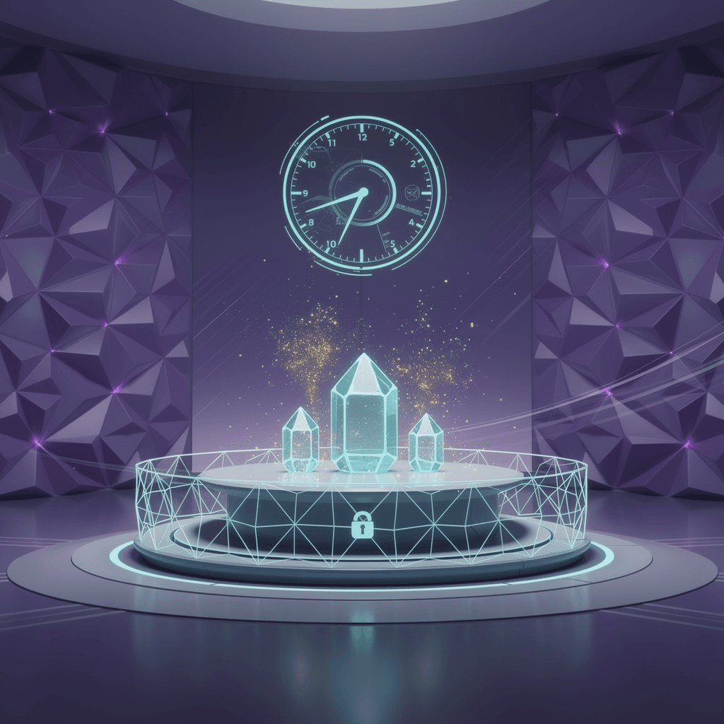 AI generated: secure energy vault, deep navy #151035 with purple crystalline walls, central 
platform with locked ...