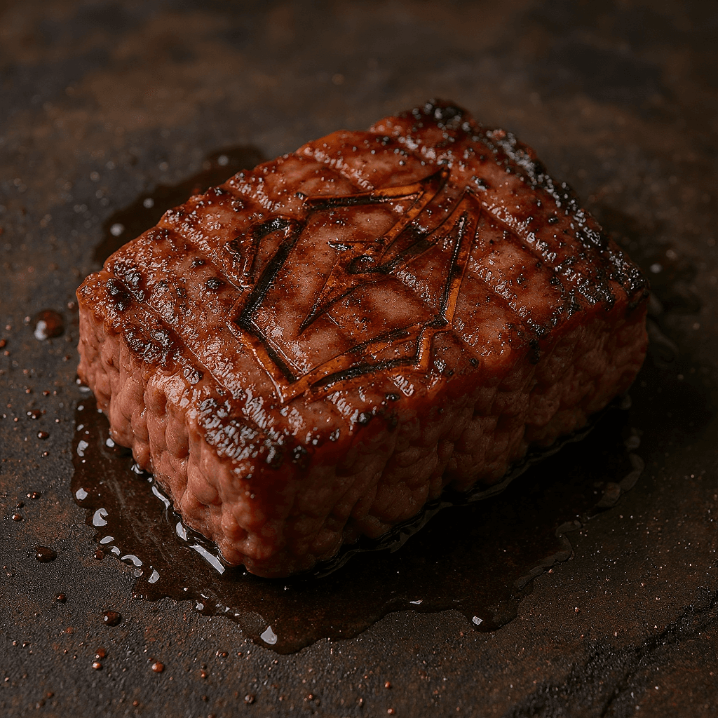 AI generated: SOME GRILLED BEEF WITH LOGO BURNED ON IT