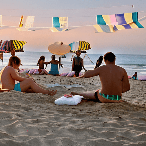 AI generated: A group of friends enjoying a day at the beach.The sun is shining and the sky is clear.Waves are gen...