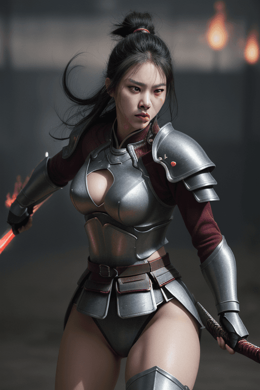 AI generated: thigh shot,wide shot,dynamic pose,fierce and fearless demeanor, and powerful appearance,piercing gaz...