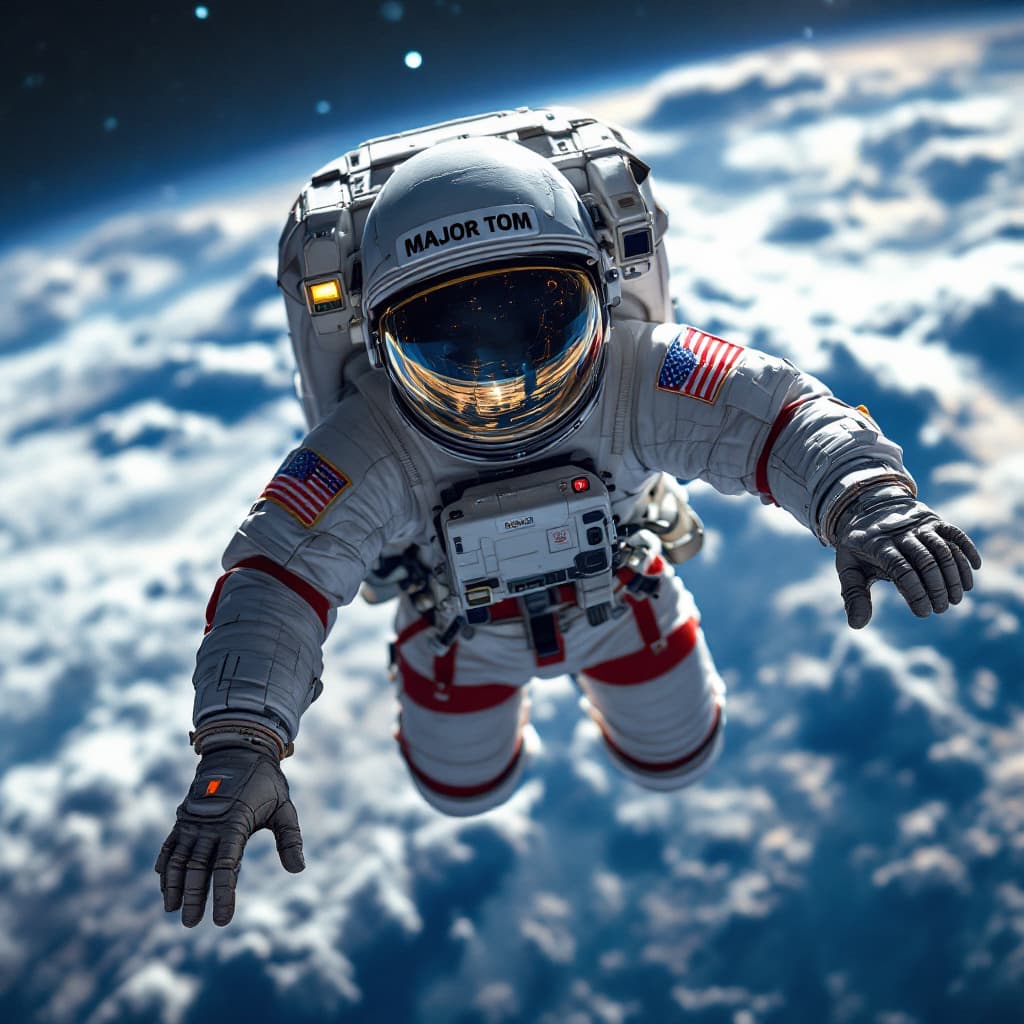 AI generated: an astronaut in orbit above earth is spacewalking , he has his name on thr helmet, major tom,  he is...