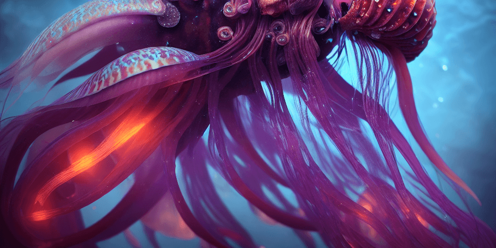 AI generated: Goddess close-up portrait ribcagel. jellyfish phoenix head, nautilus, orchid, skull, betta fish, bio...