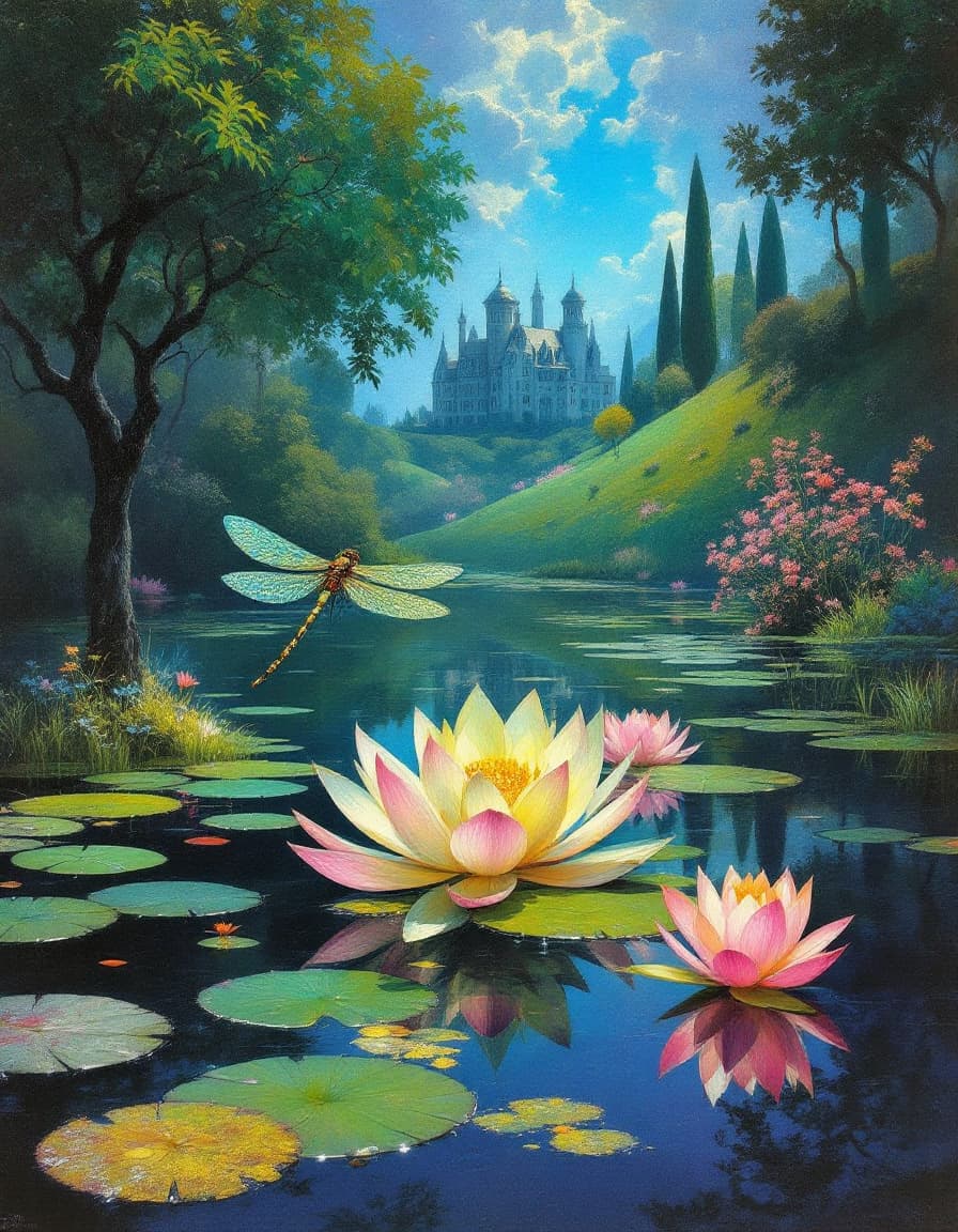 AI generated: an image by surrealist painter Yves Tanguy features a dragonfly hovering over a lotus flower in a be...