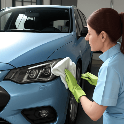 AI generated: Photo of cleaning woman using microfibre cloth from Harmsen Trading GmbH to clean a car