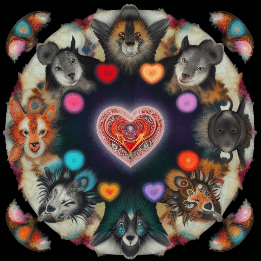 AI generated: an image of a heart made up of many animals, painted as if they were shamans or animals of power, wi...