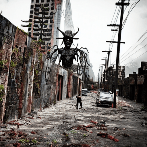 AI generated: Desolate zombie world, Mexico City, buildings full of nature and zombies in the streets