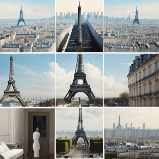 AI generated: Collage art to project on walls describing paris life with people and la tour eiffel