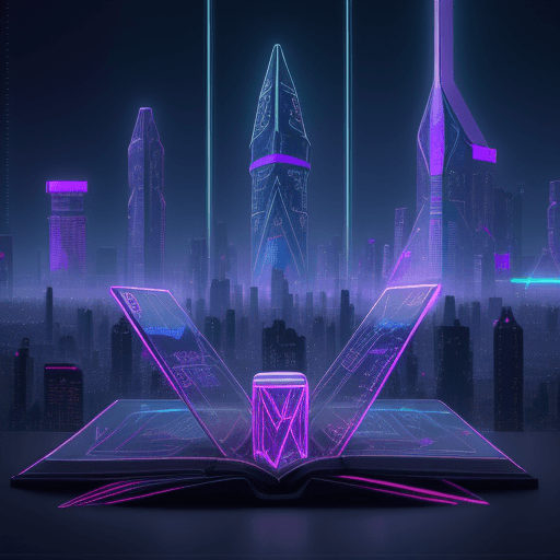 AI generated: A holographic Futuristic Bible written by Artificial Intelligence, set in a neon-lit, cyberpunk metr...