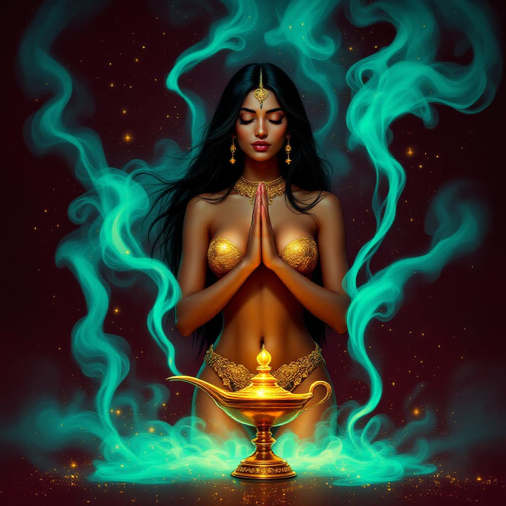 AI generated: An Indian woman with turquoise skin and dark straight hair is positioned directly in front of the ca...