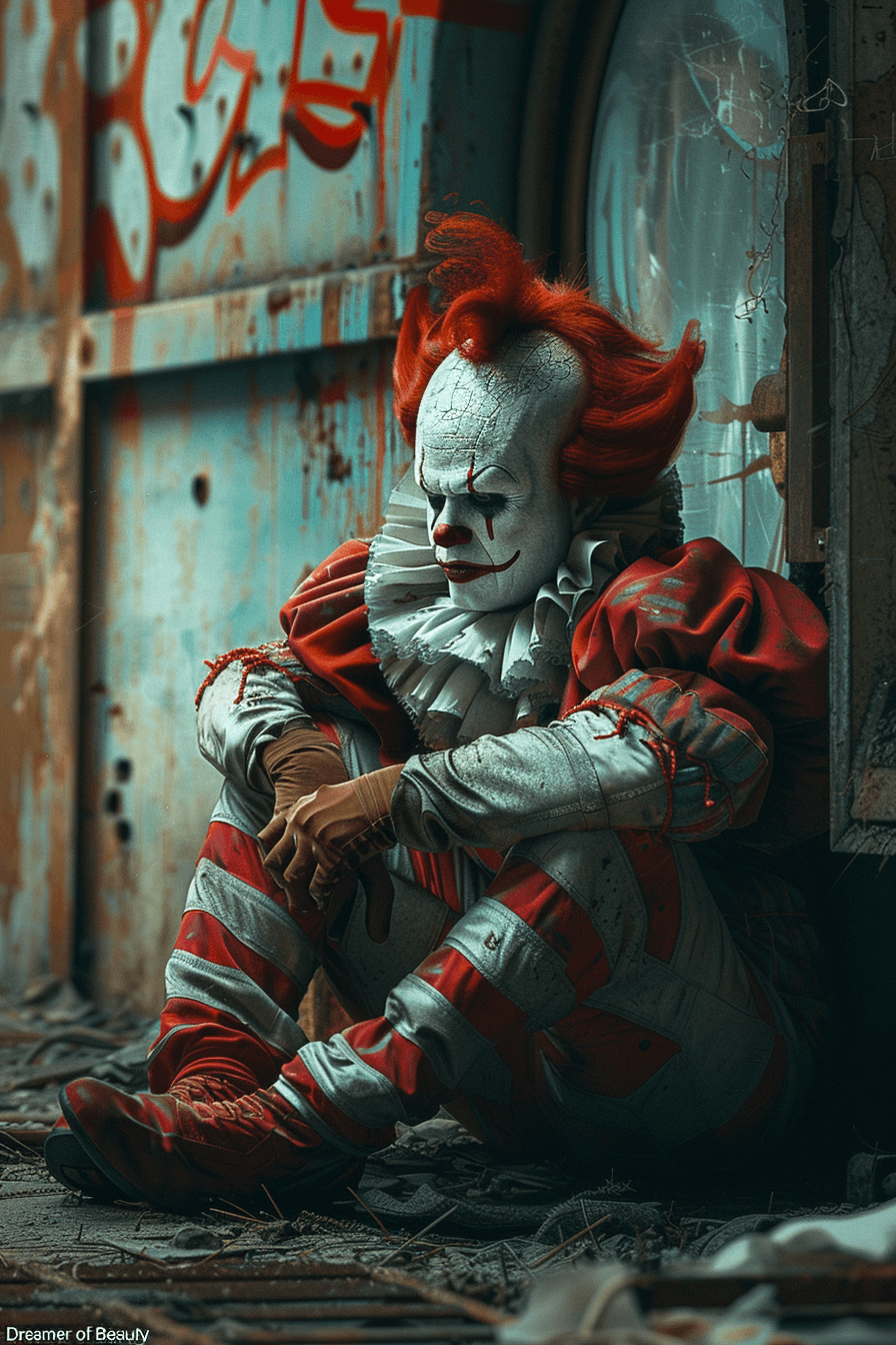 AI generated:  "Robotic Dreamer of Beauty", a clown dwarf with a red and white striped costume crouches in an eeri...