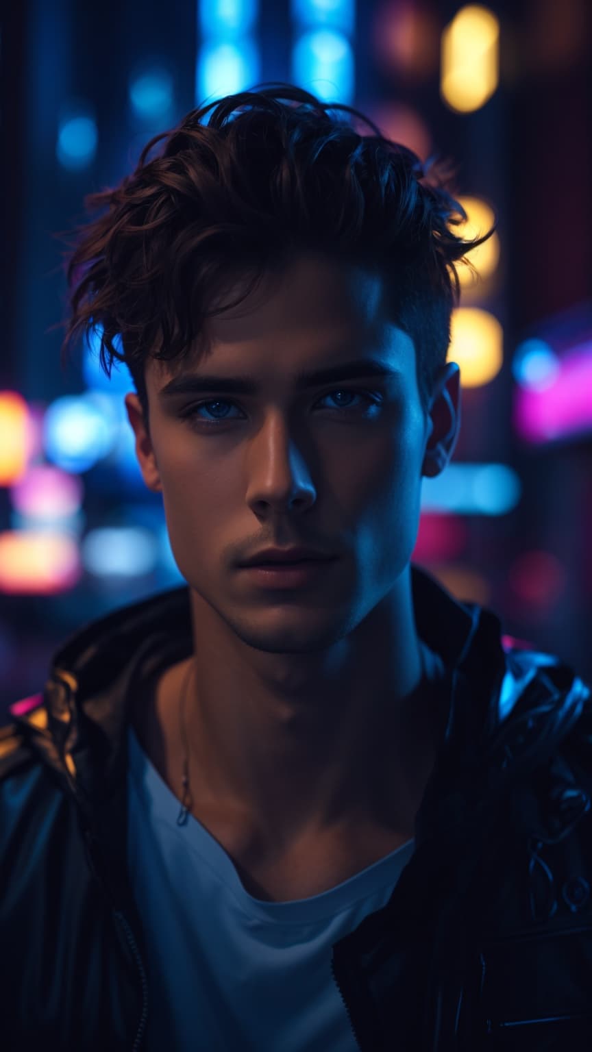 AI generated: A stunning and elegant young man looking at the camera with dark brown hair and blue eyes in a cyber...