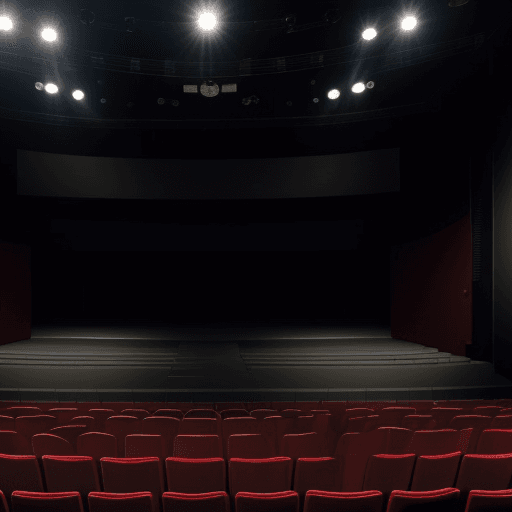 AI generated: An empty theater stage with a rectangular proscenium, three rows of seats, no people.