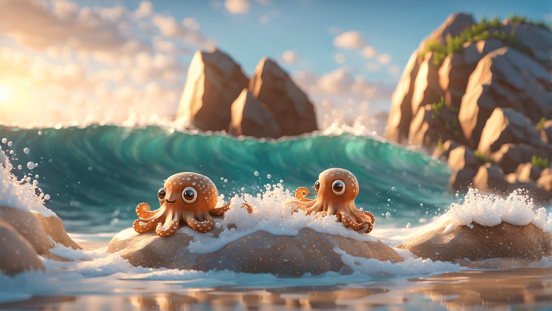 AI generated: insanely detailed cinematic digital painting, cute octopus , floating on sea stormy waves and low po...