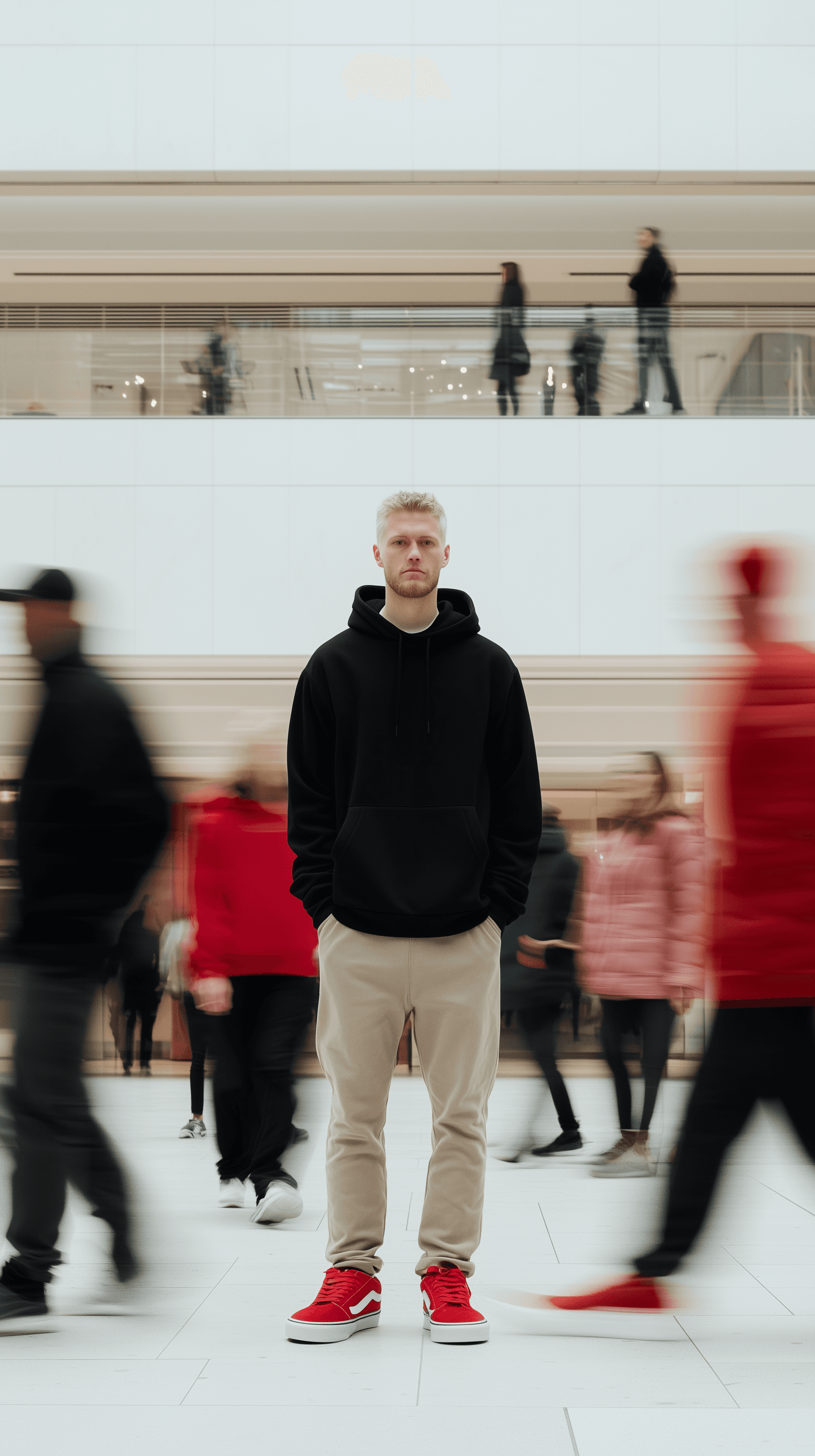 AI generated: editorial photography, front shot, capturing urban hustle with a single focused male model, standing...