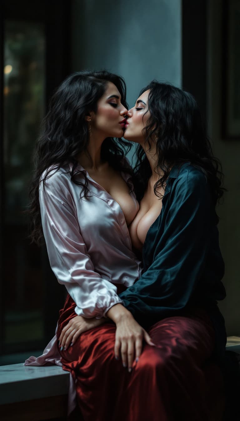 AI generated: Indian red bluish wet half only blouse teacher, bend sitting on edge of bench, 1:2 cleavage, curvy b...