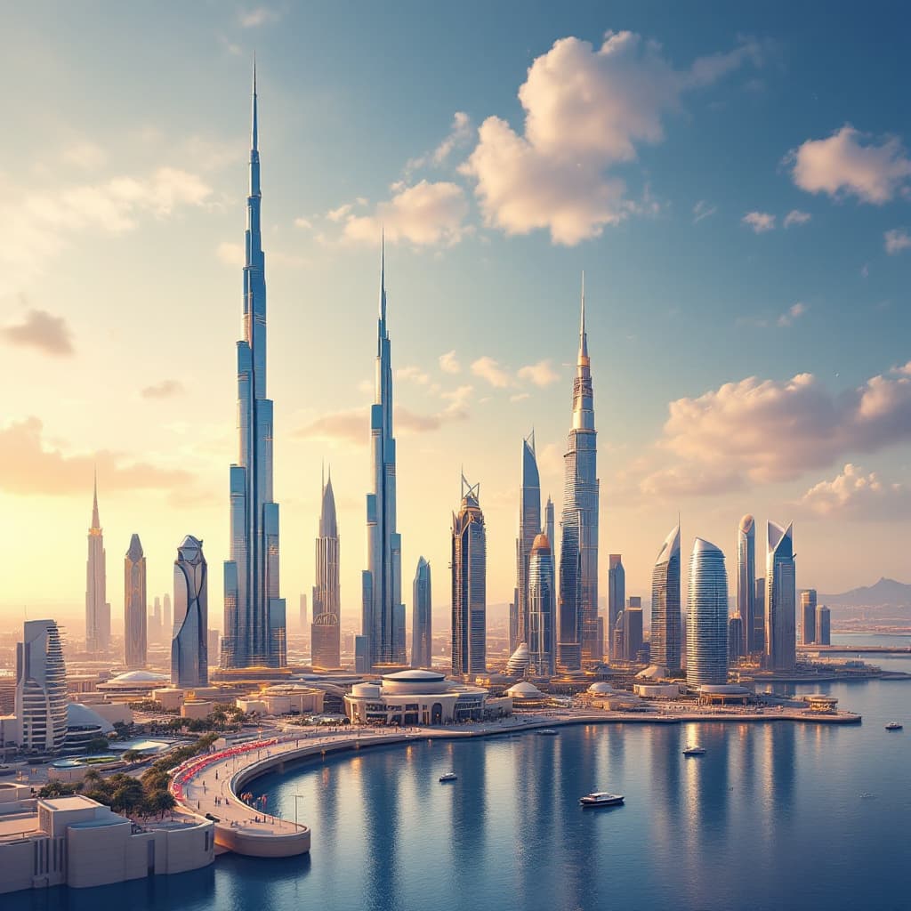 AI generated: Create a futuristic rendering of Dubai Skyline, showing innovation and progress ( year 2035). Size s...