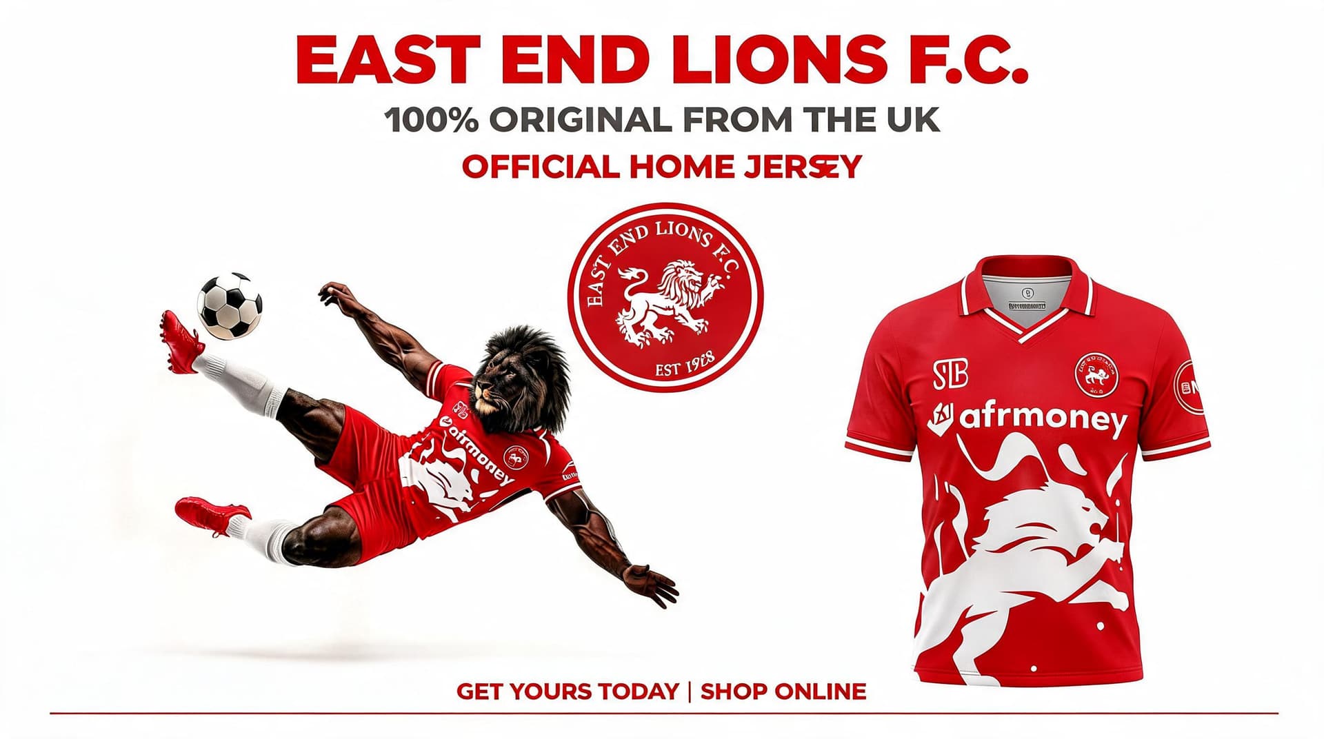 AI generated: 100% Original from the UK . East End Lions Jersey generate a promotional flyer for the jersey